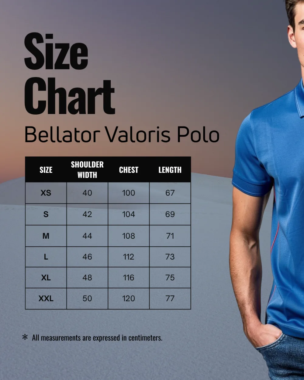 Maattabel Bellator Valoris polo (maten in cm)