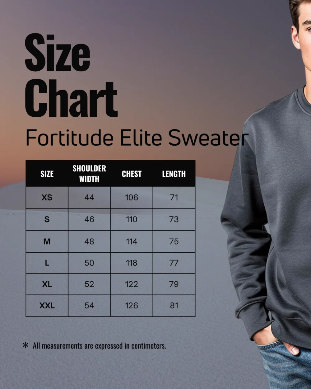 Maattabel Fortitude Elite sweater (maten in cm)