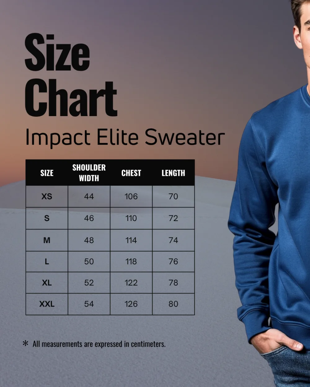 Maattabel Impact Elite Sweater (maten in cm)