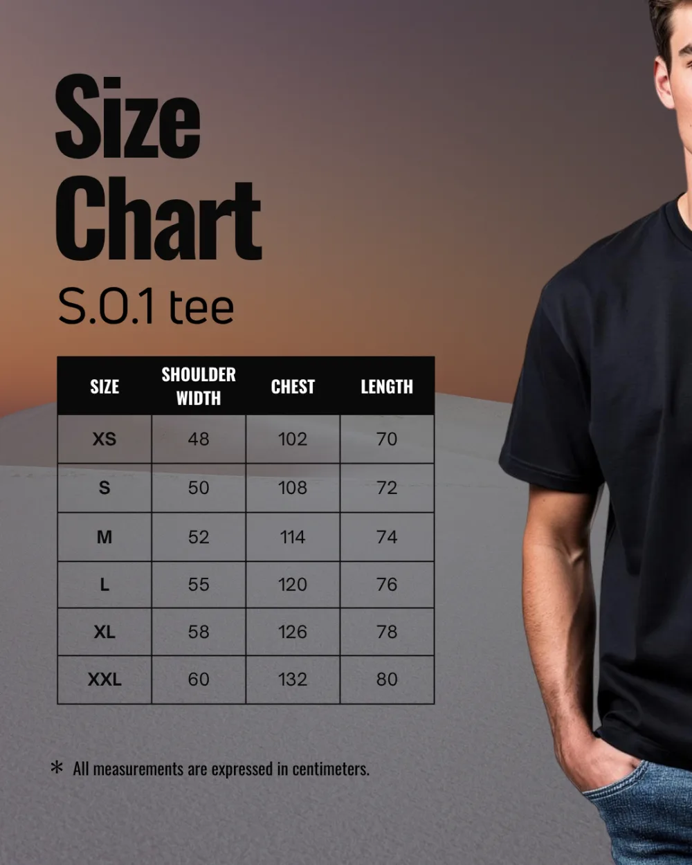 Maattabel S.O. 1 TEE (maten in cm)