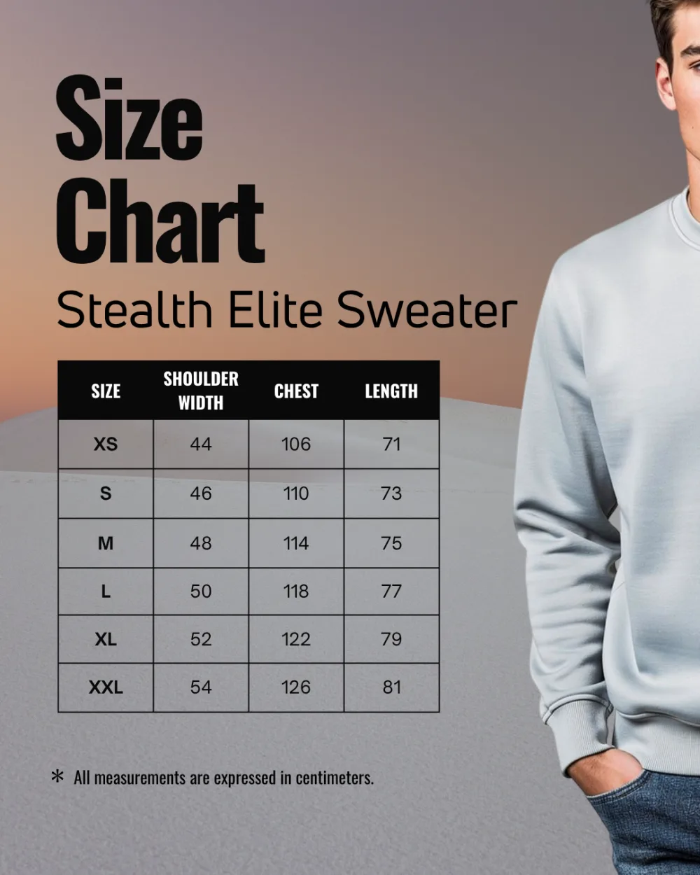 Maattabel Stealth Elite Sweater (maten in cm)