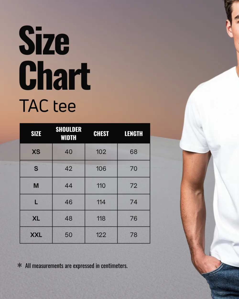 Maattabel Tac Tee T-shirt (maten in cm)