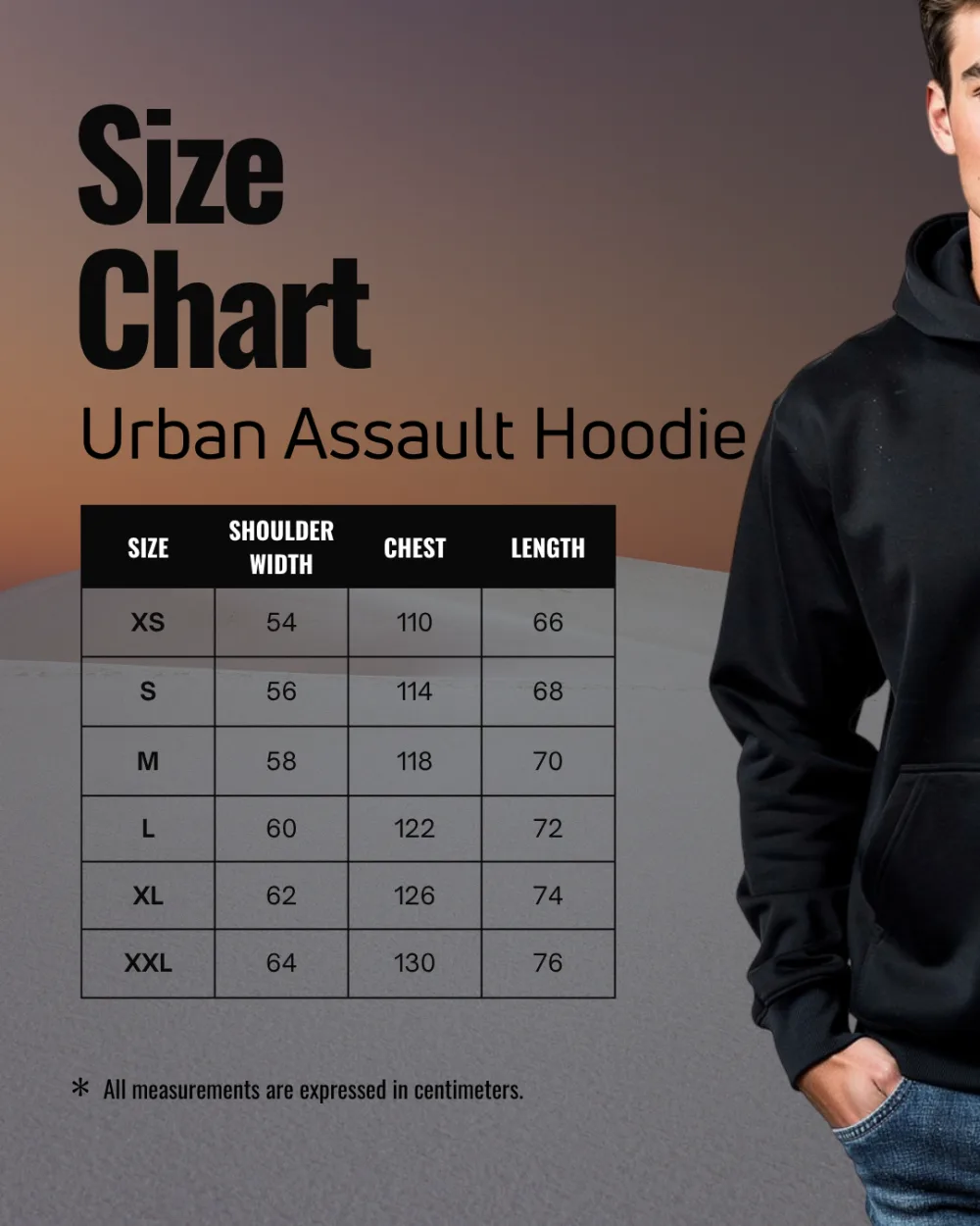 Maattabel Urban Assault Hoodie (maten in cm)
